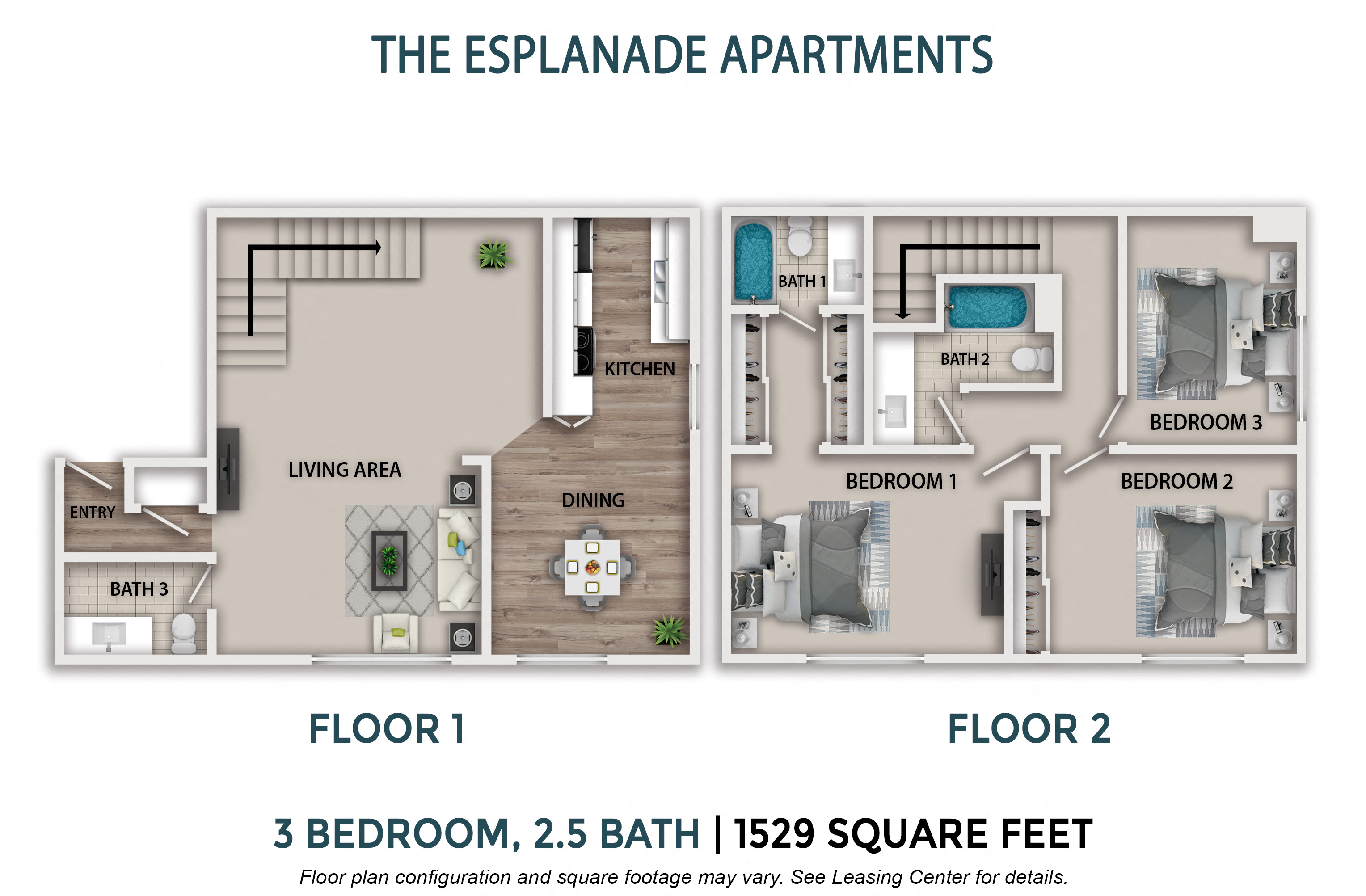 Floor plan for 3 beds, 2.5 baths, 1529 sqft